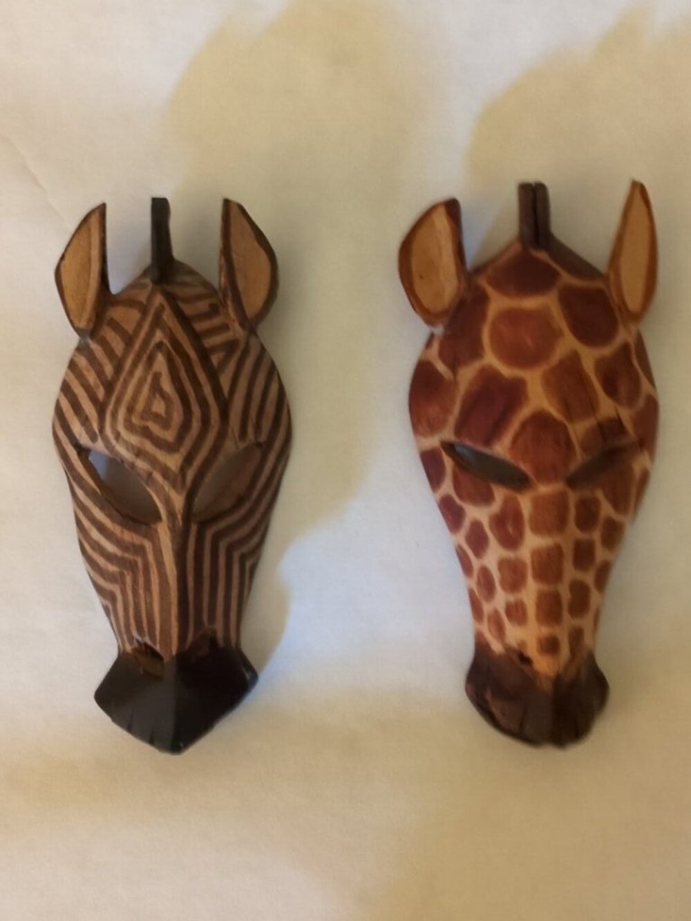 9" Vintage African Wooden Masks Set 2 Zebra Giraffe Hand Carved Kenya Wall Art